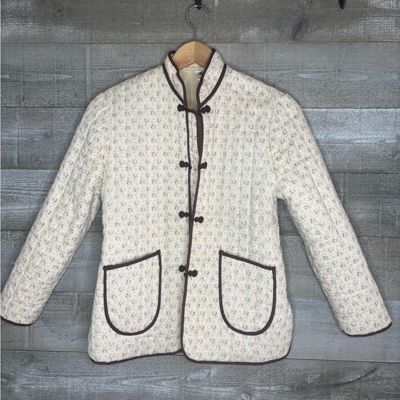 Lai Lai vintage Floral Quilted Jacket with Brown Trim Chinese style - Picture 1 of 6
